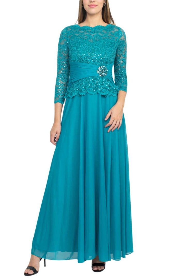 Marina Scalloped Neck 3/4 Sleeve Sequin Lace Bodice Pleated Broach Fit and Flare Chiffon Dress-0