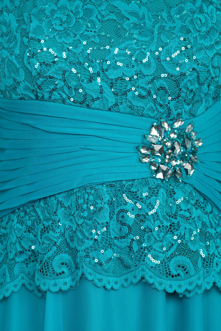 Marina Scalloped Neck 3/4 Sleeve Sequin Lace Bodice Pleated Broach Fit and Flare Chiffon Dress-3
