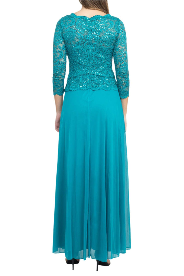Marina Scalloped Neck 3/4 Sleeve Sequin Lace Bodice Pleated Broach Fit and Flare Chiffon Dress-2