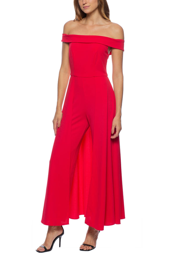 Marina Off Shoulder Zipper Back Solid Walk Through Crepe Jumpsuit-0
