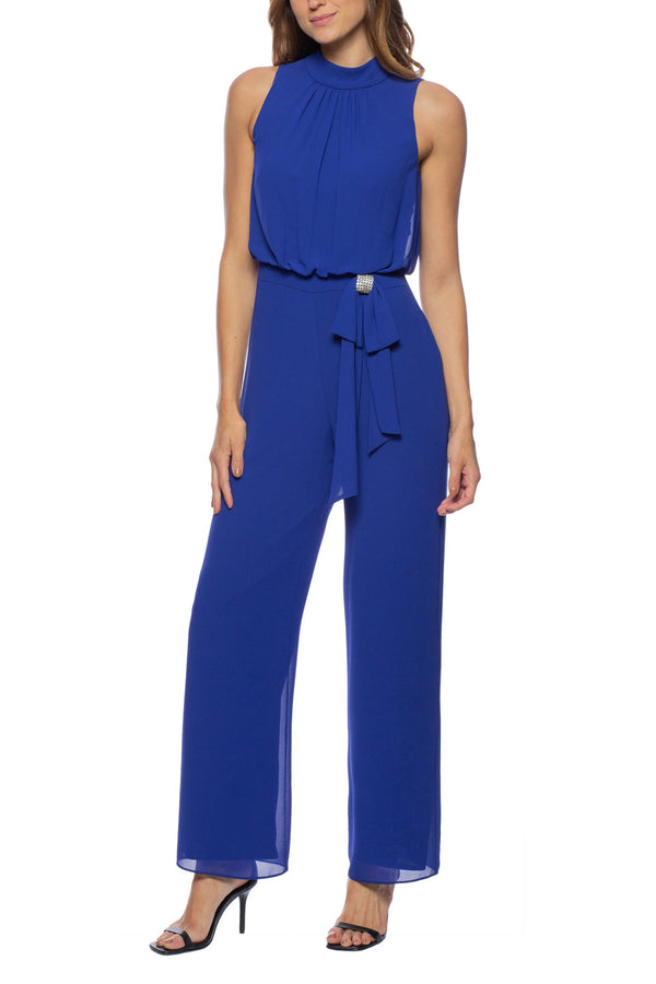 Marina Sleeveless Halter Mock Neck Rhinestone Bow Waist Chiffon Jumpsuit - Wholesale-0