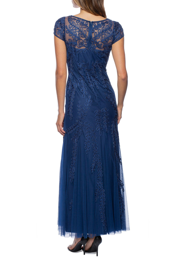 Marina Illusion Boat Neck Cap Sleeve Zipper Back Embellished Mesh Dress-3