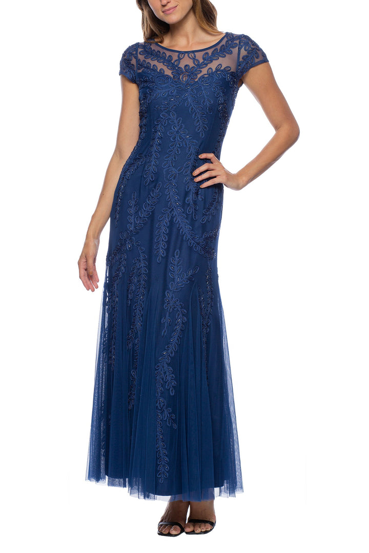 Marina Illusion Boat Neck Cap Sleeve Zipper Back Embellished Mesh Dress-2