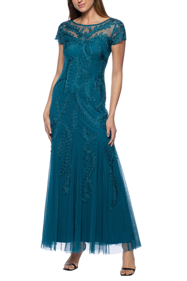 Marina Illusion Boat Neck Cap Sleeve Zipper Back Embellished Mesh Dress-0