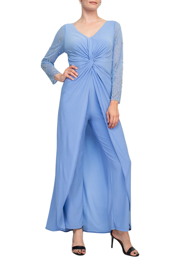 Marina V Neck Long Beaded Sleeves Back Zipper Knot Twist Jersey Jumpsuit-0