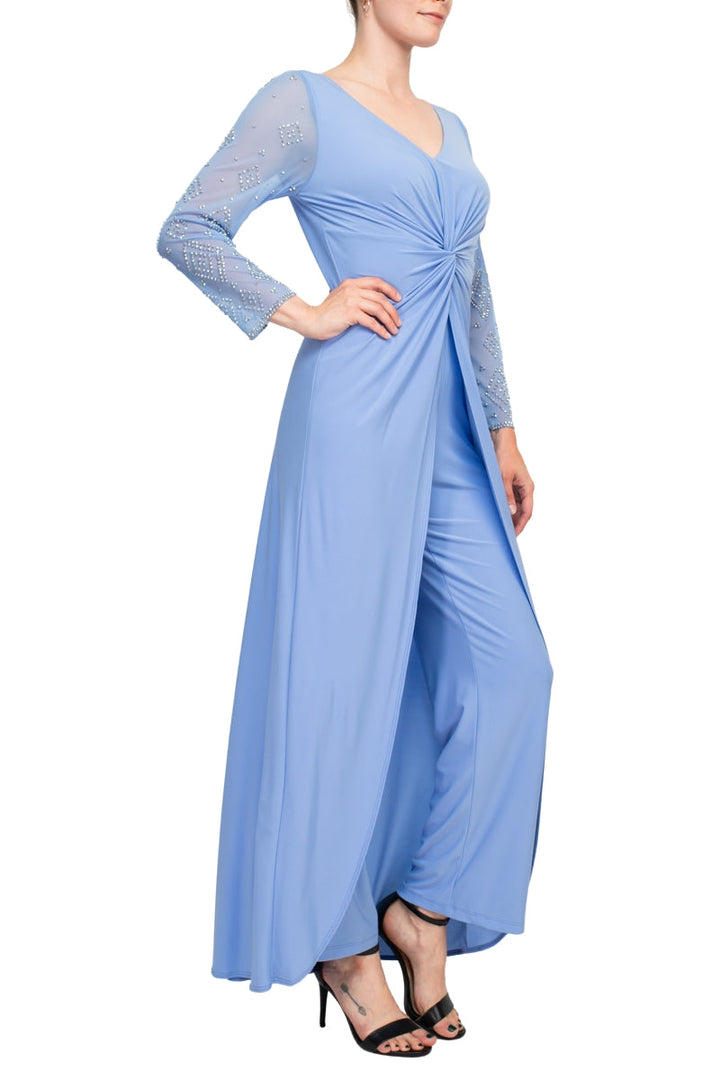Marina V Neck Long Beaded Sleeves Back Zipper Knot Twist Jersey Jumpsuit-1