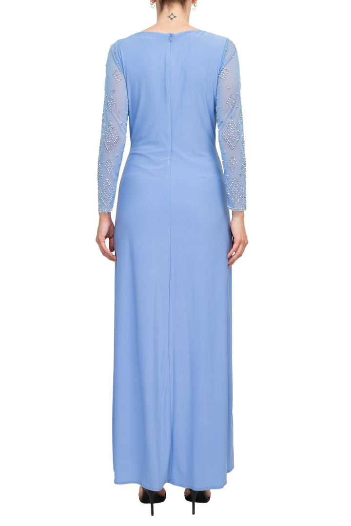 Marina V Neck Long Beaded Sleeves Back Zipper Knot Twist Jersey Jumpsuit-2