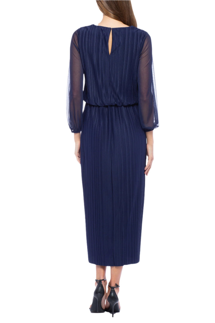 Marina Blouson Scoop Neck Midi Pleated 3/4 Sleeves Column Dress-1