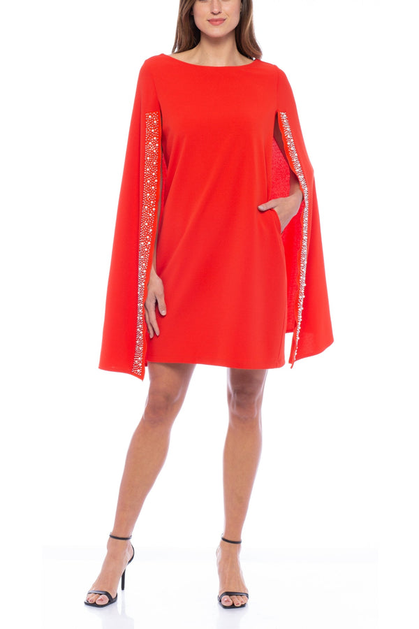 Marina Cape Back Boat Neckline Crepe Stone Detail Dress-0