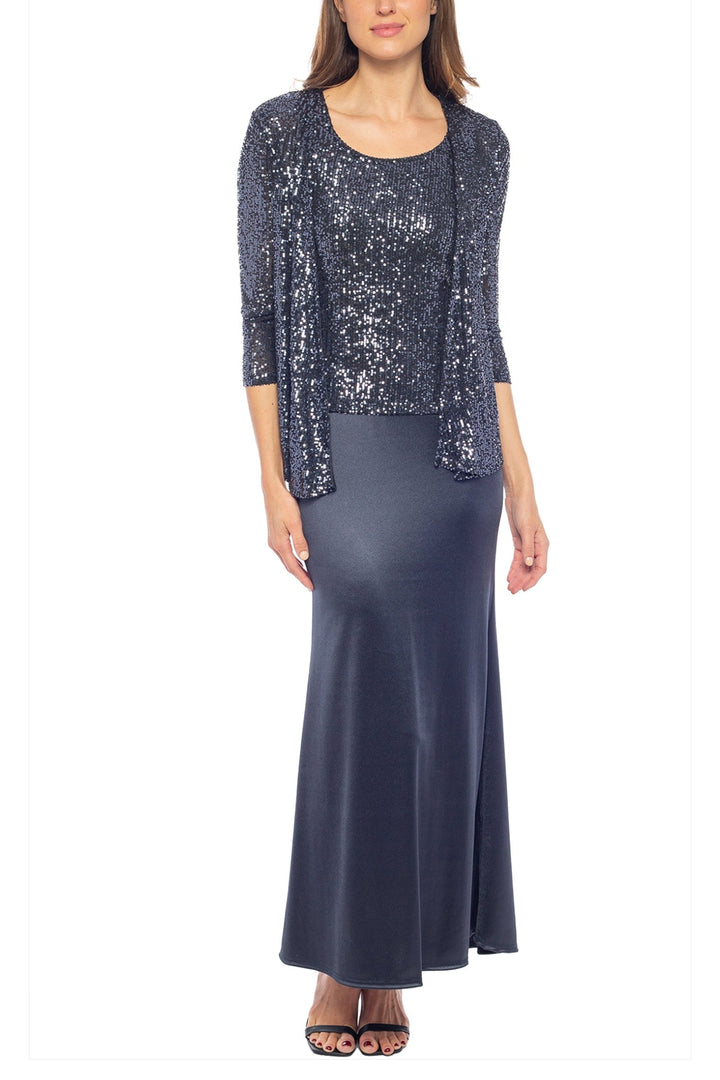 Marina 3/4 Sleeve Scoop Neck Sequin Satin 2-Piece Jacket Dress-0