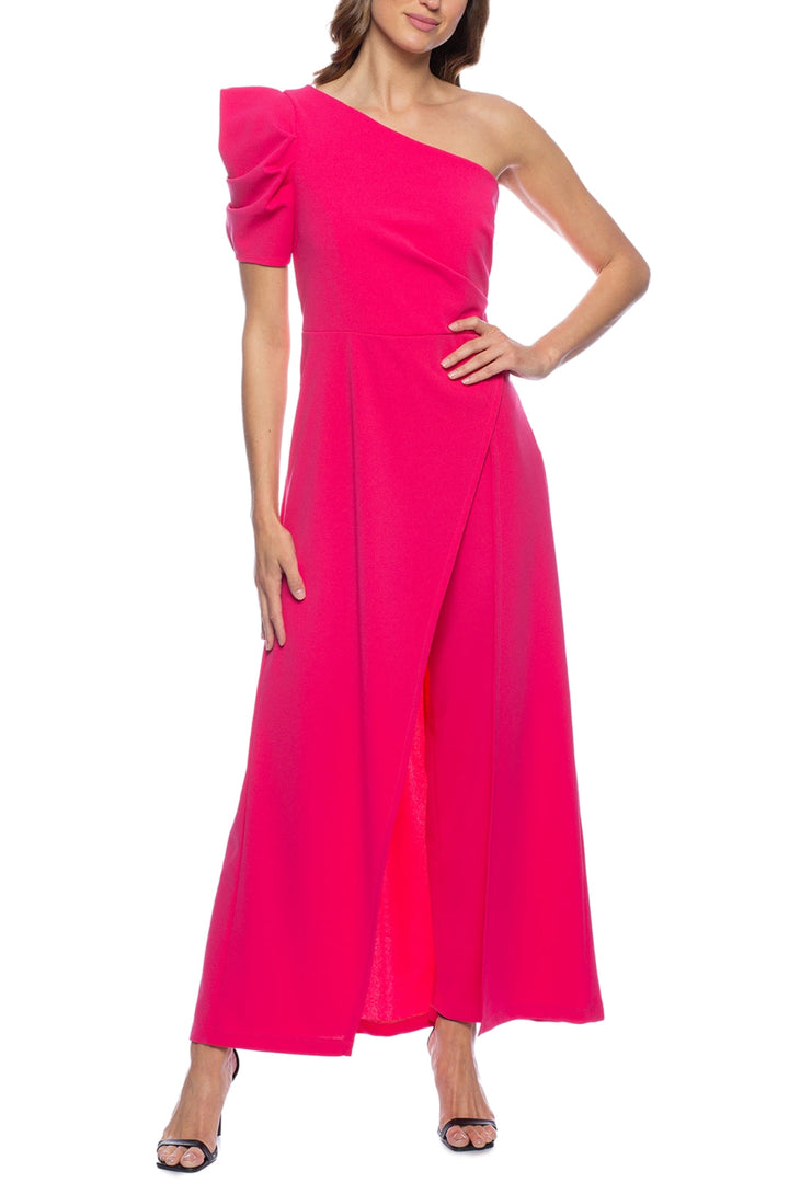 Marina Scuba Crepe One Shoulder Puff Sleeve Overlay Skirt Jumpsuit Dress-2