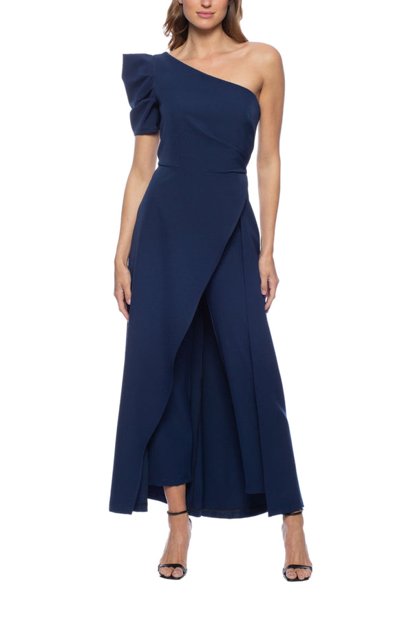 Marina Scuba Crepe One Shoulder Puff Sleeve Overlay Skirt Jumpsuit Dress-0
