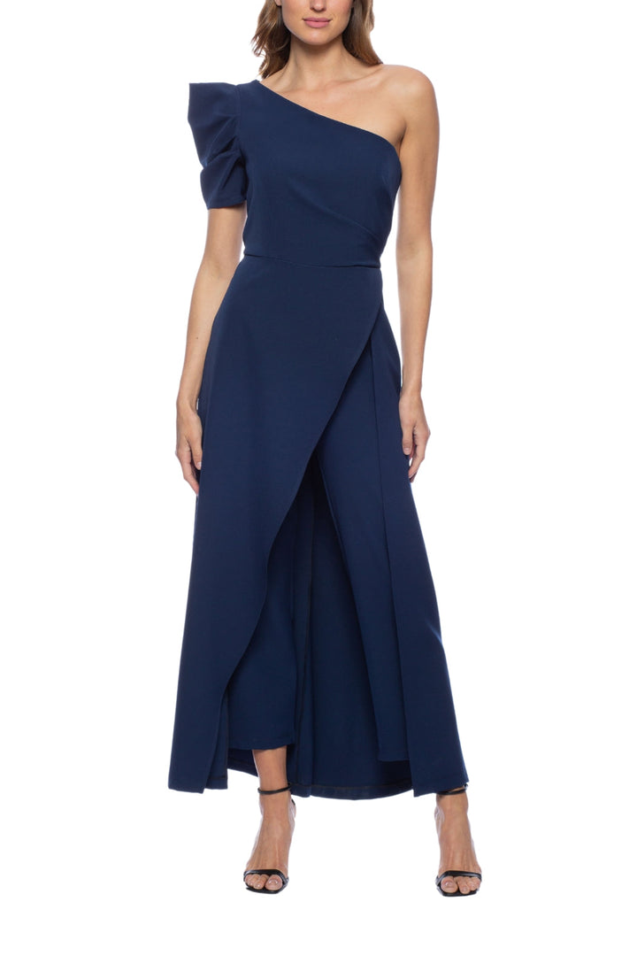 Marina Scuba Crepe One Shoulder Puff Sleeve Overlay Skirt Jumpsuit Dress-0