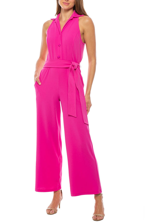 Marina Collared Sleeveless Tie Waist Scuba Crepe Jumpsuit-0