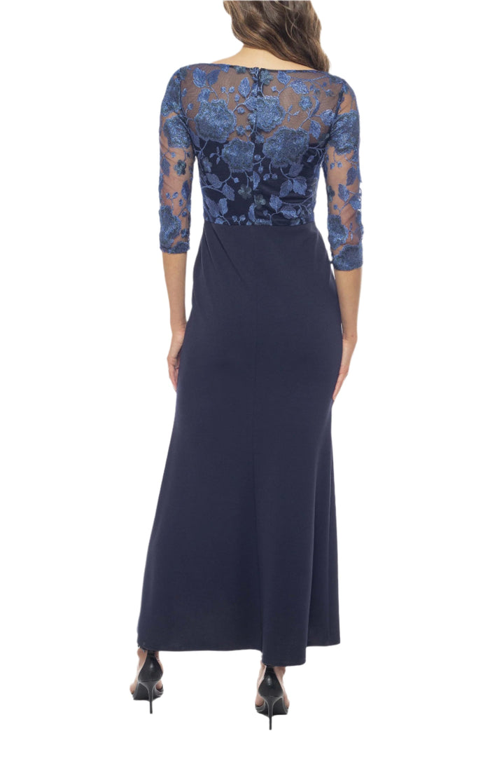 Marina Stretchy Embroidered Illusion Neckline Ruffle Cascade Detail and Slit Bodice Dress-1