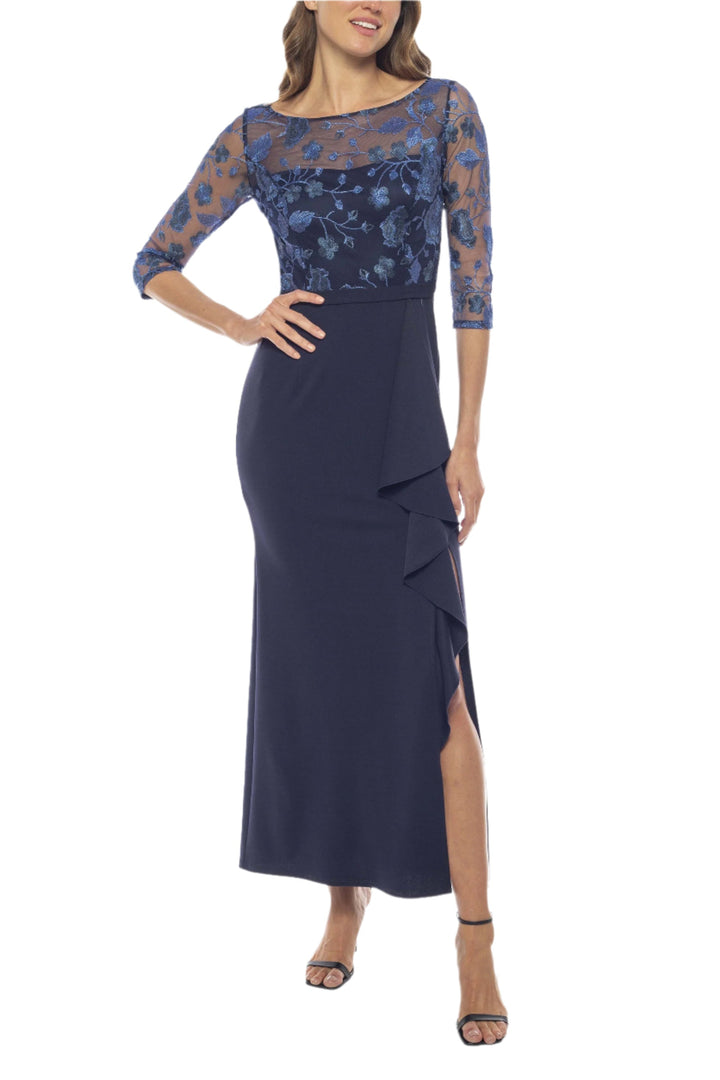 Marina Stretchy Embroidered Illusion Neckline Ruffle Cascade Detail and Slit Bodice Dress-0