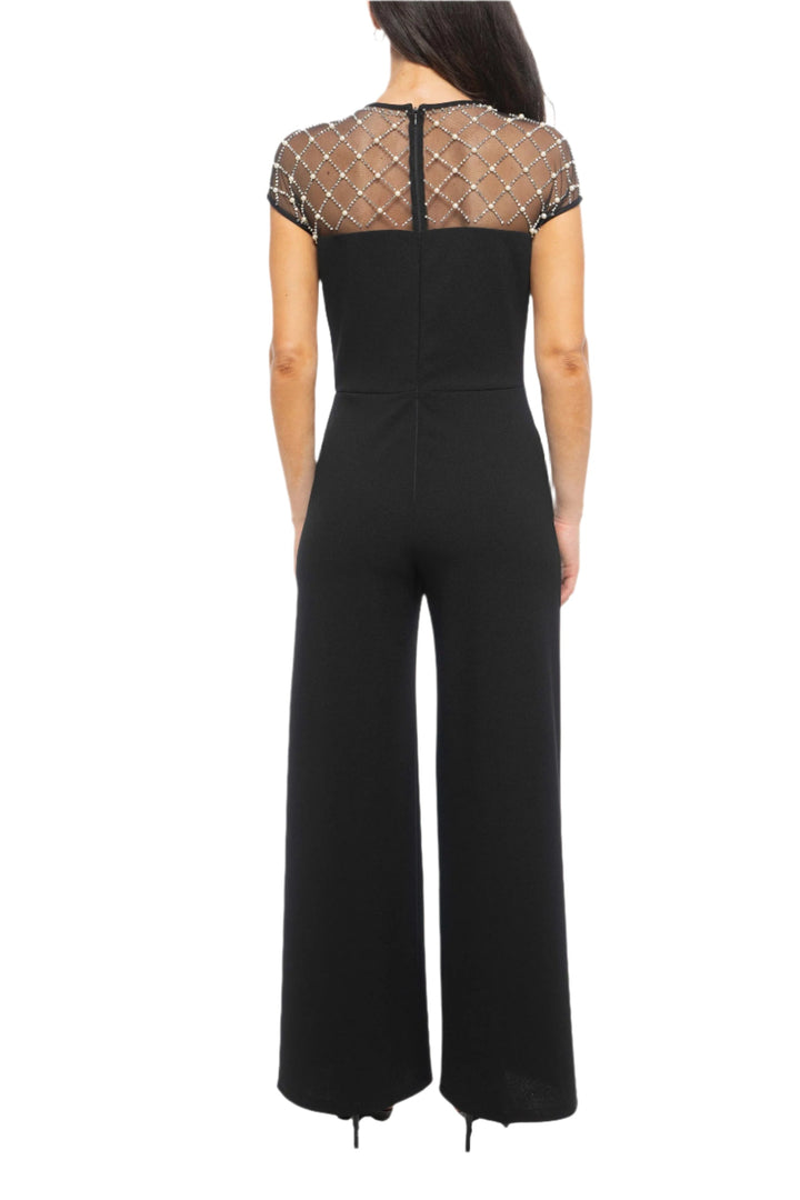 Marina Jewel Neck Beaded Mesh Scuba Crepe Short Sleeve Jumpsuit-1