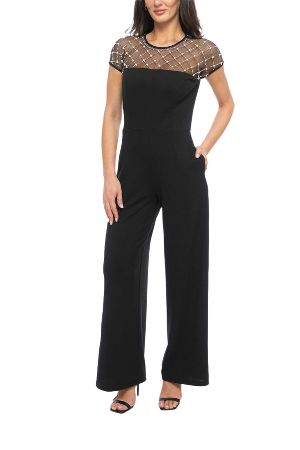 Marina Jewel Neck Beaded Mesh Scuba Crepe Short Sleeve Jumpsuit-0