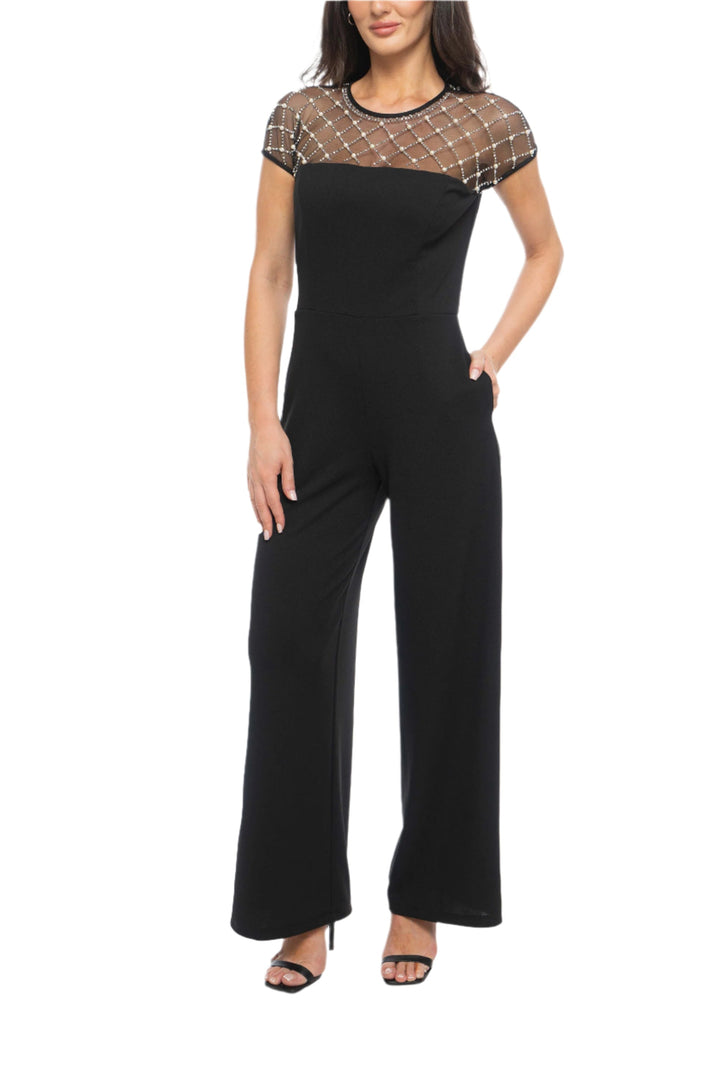 Marina Jewel Neck Beaded Mesh Scuba Crepe Short Sleeve Jumpsuit-0