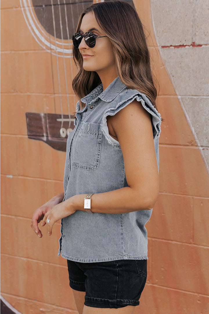 Bridget Frayed Ruffle Sleeve Denim Shirt-2