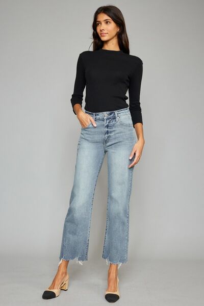 Kancan High Waist Raw Hem Cropped Wide Leg Jeans-4