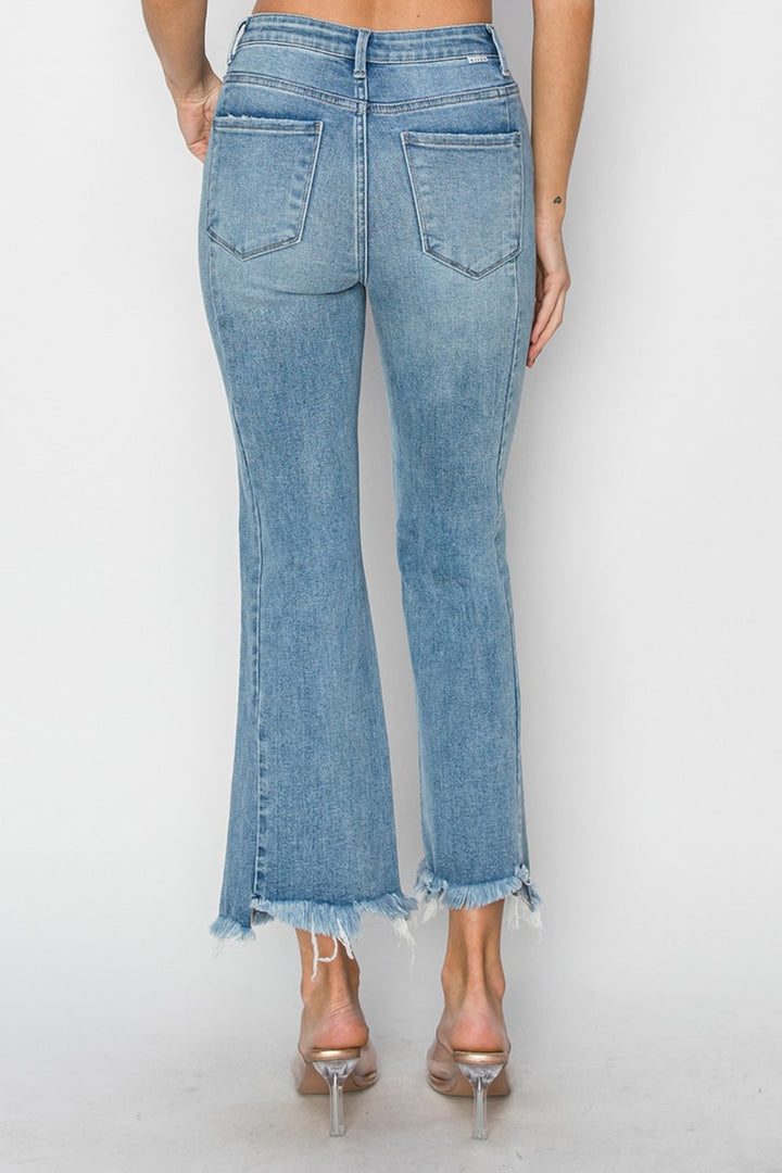 RISEN Full Size High Rise Frayed Hem Flare Jeans-1