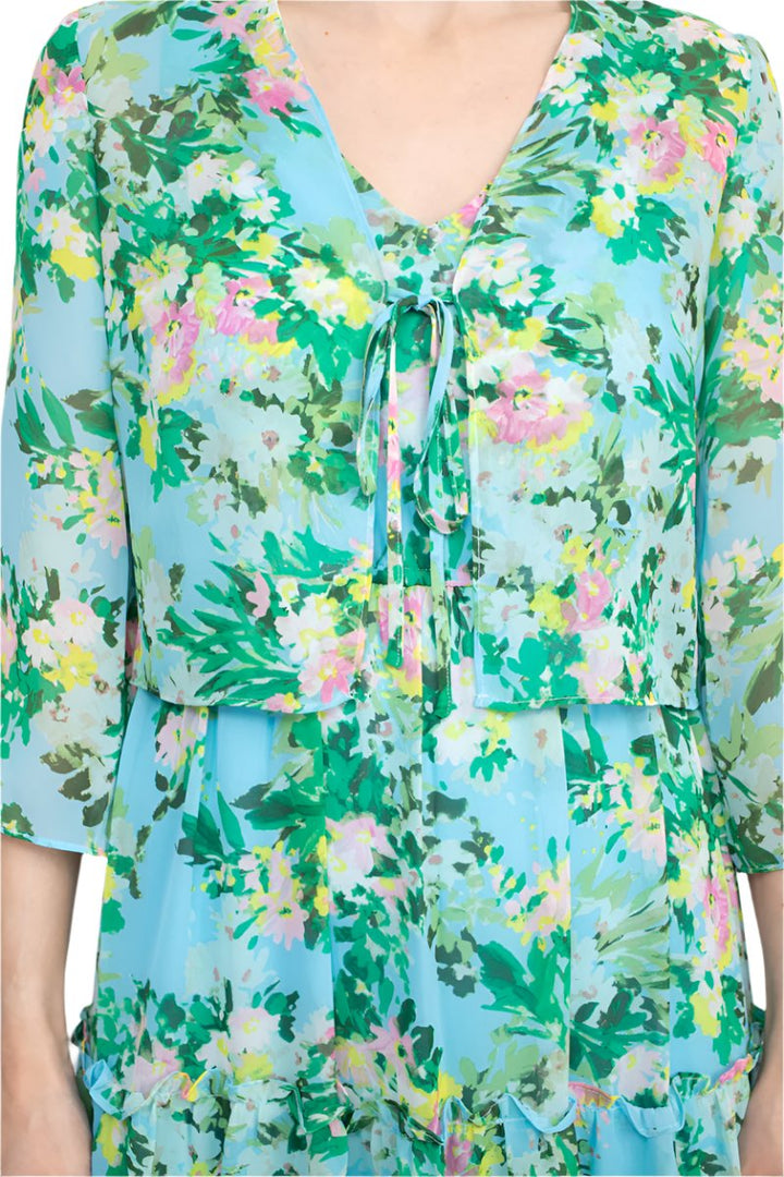 Maison Tara V Neck 3/4 Sleeve Floral Midi Dress with Matching Chiffon Jacket-3