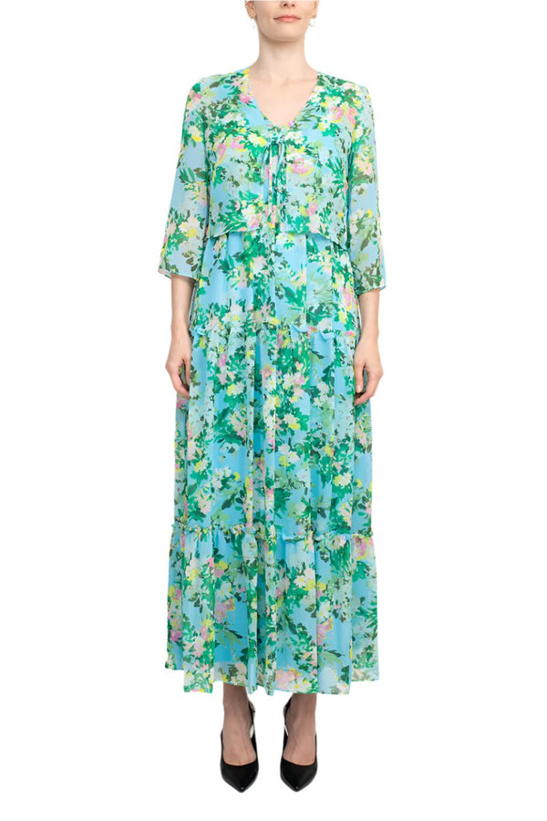 Maison Tara V Neck 3/4 Sleeve Floral Midi Dress with Matching Chiffon Jacket-0