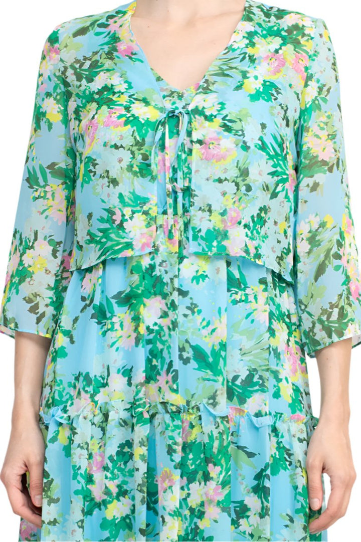 Maison Tara V Neck 3/4 Sleeve Floral Midi Dress with Matching Chiffon Jacket-4