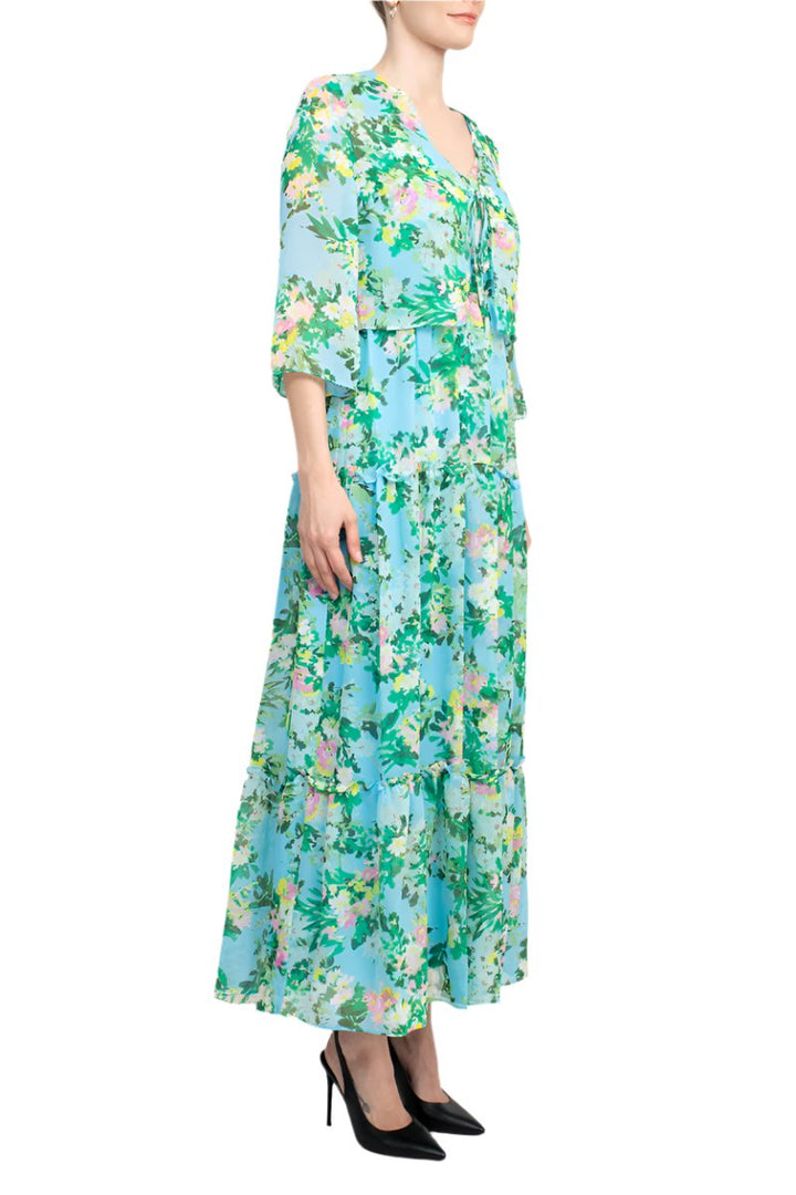 Maison Tara V Neck 3/4 Sleeve Floral Midi Dress with Matching Chiffon Jacket-1
