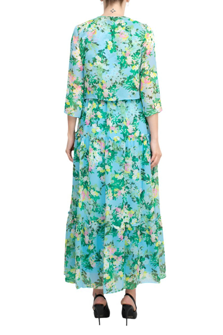 Maison Tara V Neck 3/4 Sleeve Floral Midi Dress with Matching Chiffon Jacket-2