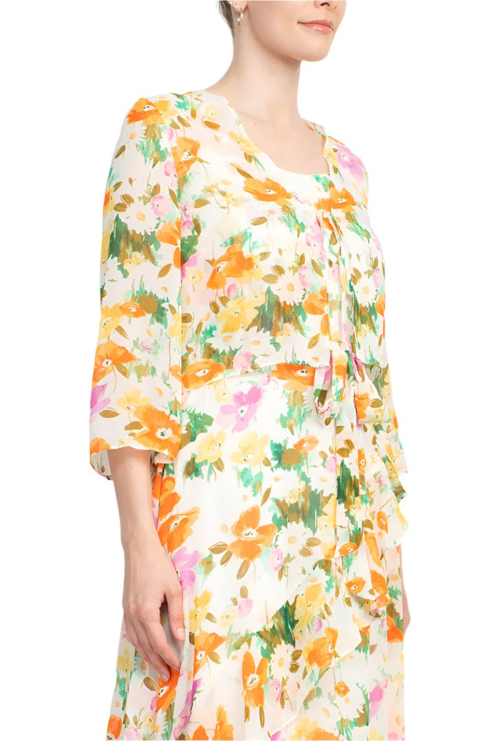 Maison Tara Scoop Neck Back Zipper Sleeveless Floral Midi Dress Matching Chiffon Jacket-1
