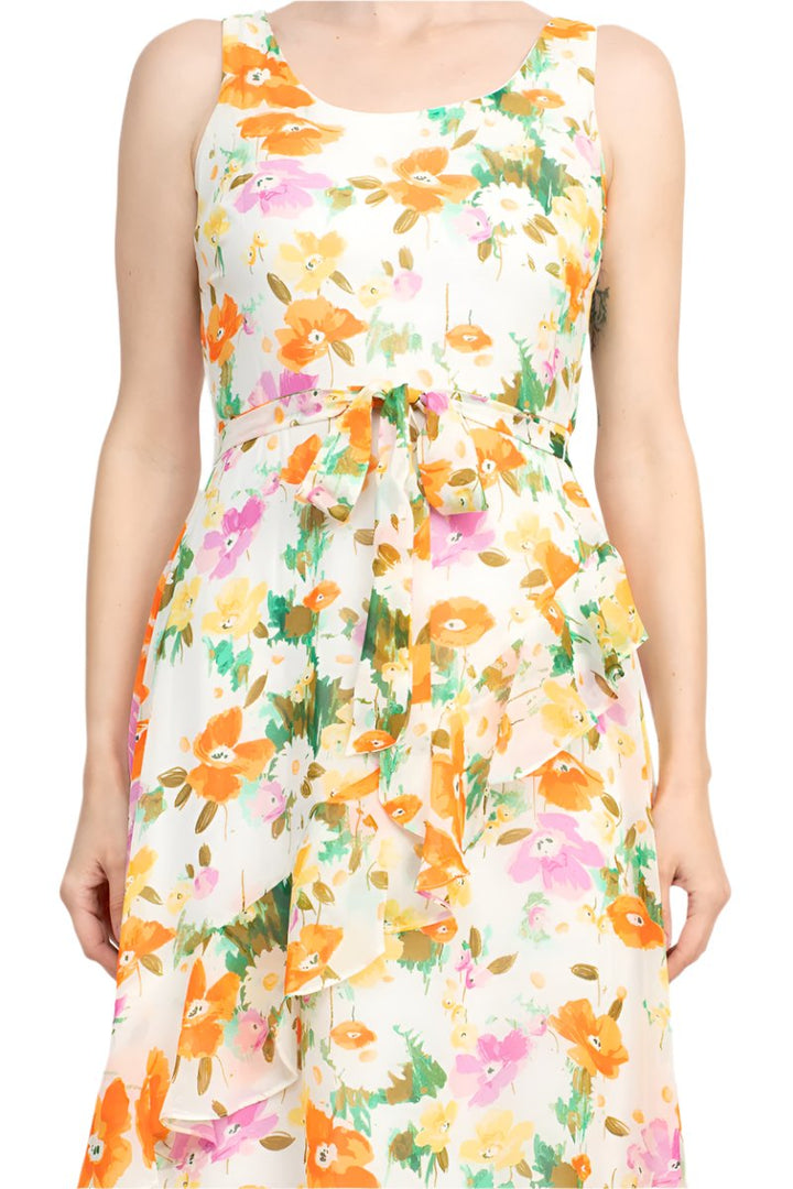 Maison Tara Scoop Neck Back Zipper Sleeveless Floral Midi Dress Matching Chiffon Jacket-3