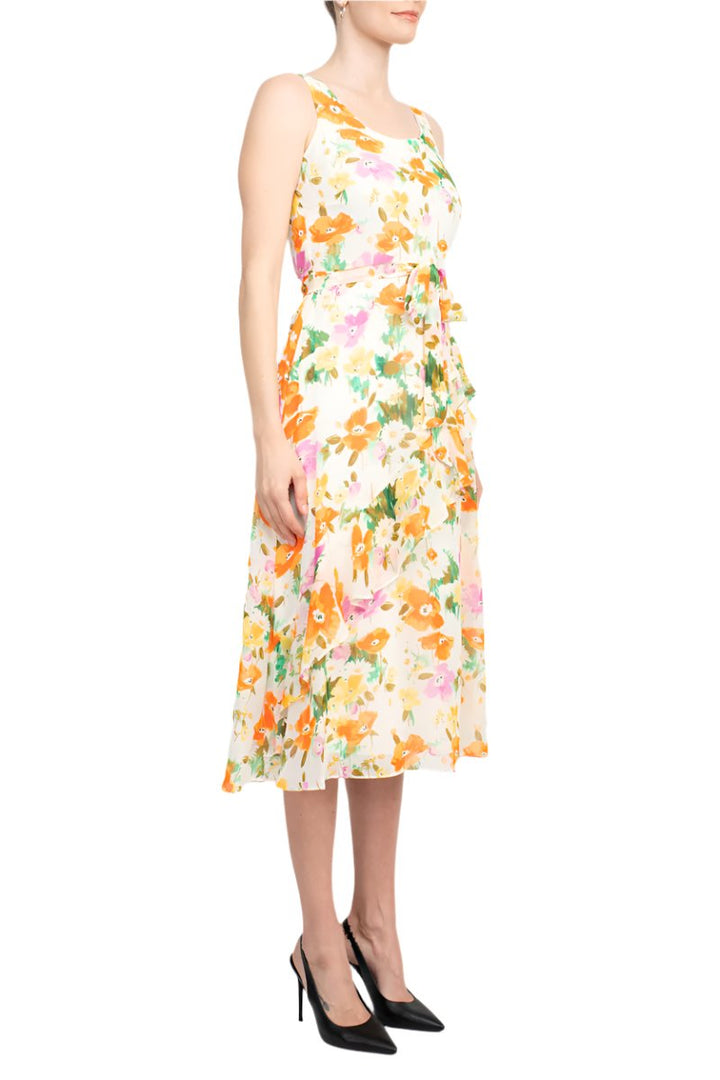 Maison Tara Scoop Neck Back Zipper Sleeveless Floral Midi Dress Matching Chiffon Jacket-4