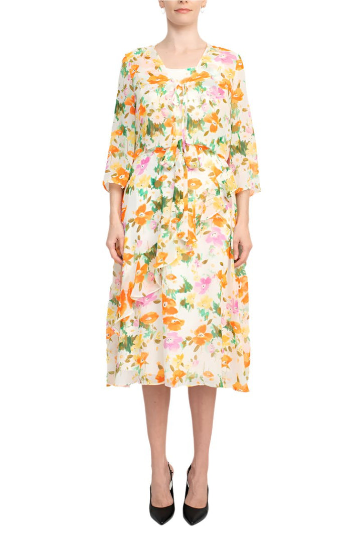 Maison Tara Scoop Neck Back Zipper Sleeveless Floral Midi Dress Matching Chiffon Jacket-0