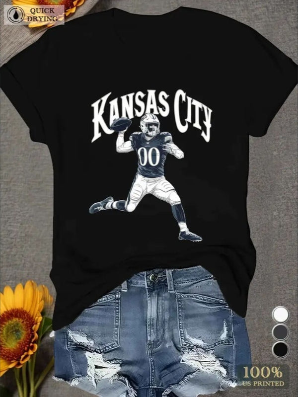 KC, Football Graphic Print T-Shirt - Crew Neck, A Comfortable Women's Short-sleeved Crew Neck T-shirt For Everyday Wear And Stylish Layering