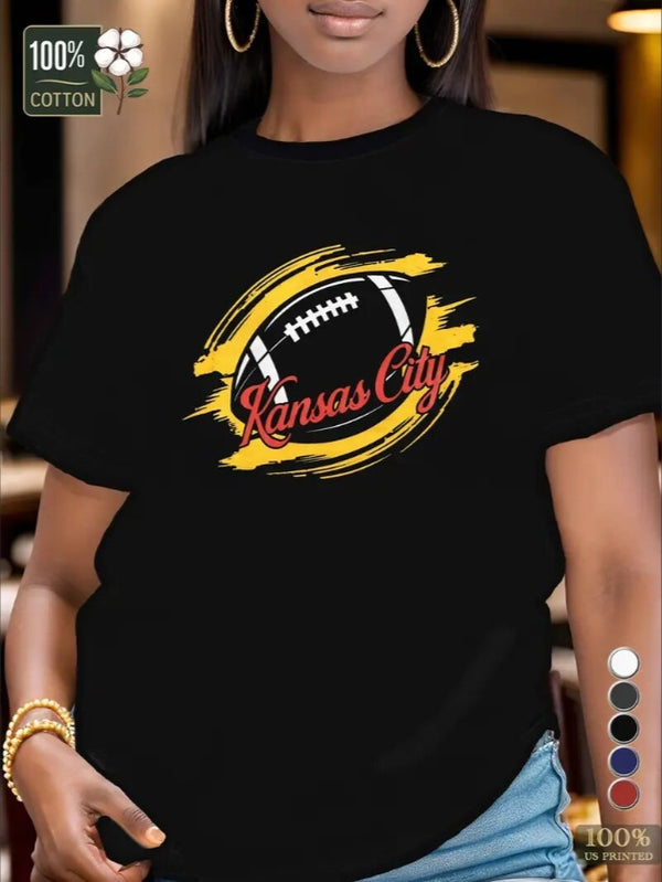 KC, Football Graphic Print T-Shirt - Crew Neck, A Comfortable Women's Short-sleeved Crew Neck T-shirt For Everyday Wear And Stylish Layering
