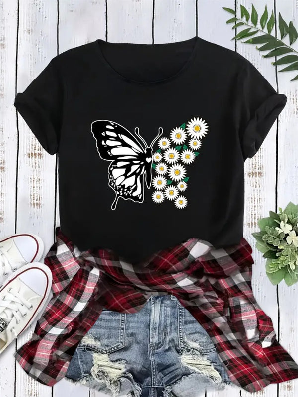 Women's Casual Butterfly And Daisy Print Loose Fit Round Neck T-Shirt, Soft Short Sleeves, Top For Everyday Wear