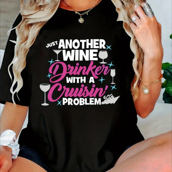 Another Wine Drinker Print Tee, Casual Short Sleeve Crew Neck T-shirt, Women'S Clothing