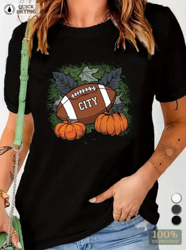 KC, Football Graphic Print T-Shirt - Crew Neck, A Comfortable Women's Short-sleeved Crew Neck T-shirt For Everyday Wear And Stylish Layering