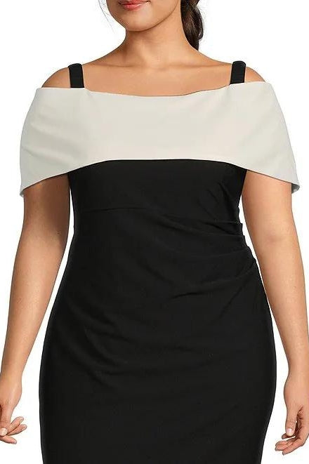 Marina Off-the-Shoulder Short Sleeve Ruched Waist Crepe Sheath Gown (Plus Size)-1