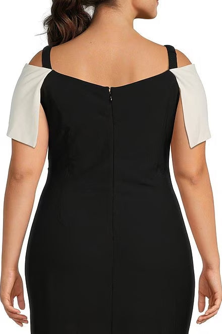 Marina Off-the-Shoulder Short Sleeve Ruched Waist Crepe Sheath Gown (Plus Size)-3