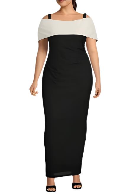 Marina Off-the-Shoulder Short Sleeve Ruched Waist Crepe Sheath Gown (Plus Size)-0
