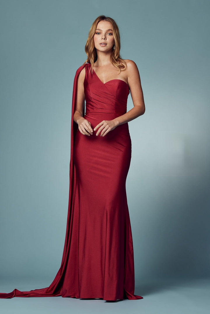 Party Cocktail One Shoulder Drape Sleeve Mermaid Long Evening Dress-1