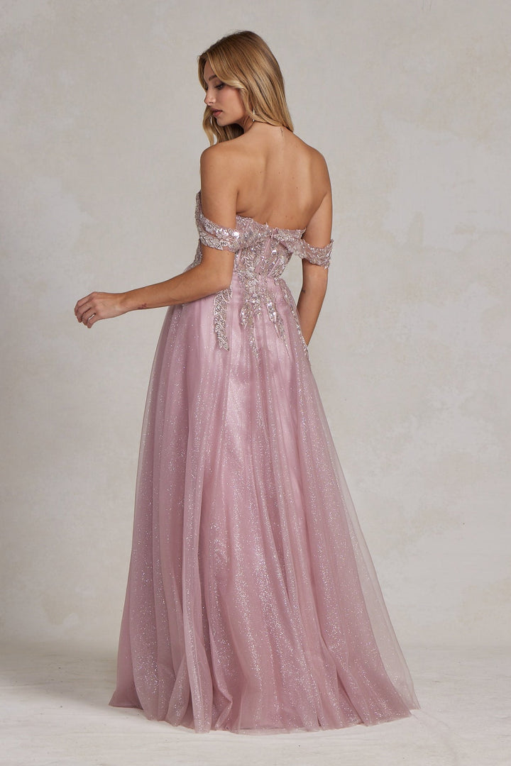 Off Shoulder Side Slit A-Line Tulle Skirt Long Prom Dress NXE1128-1