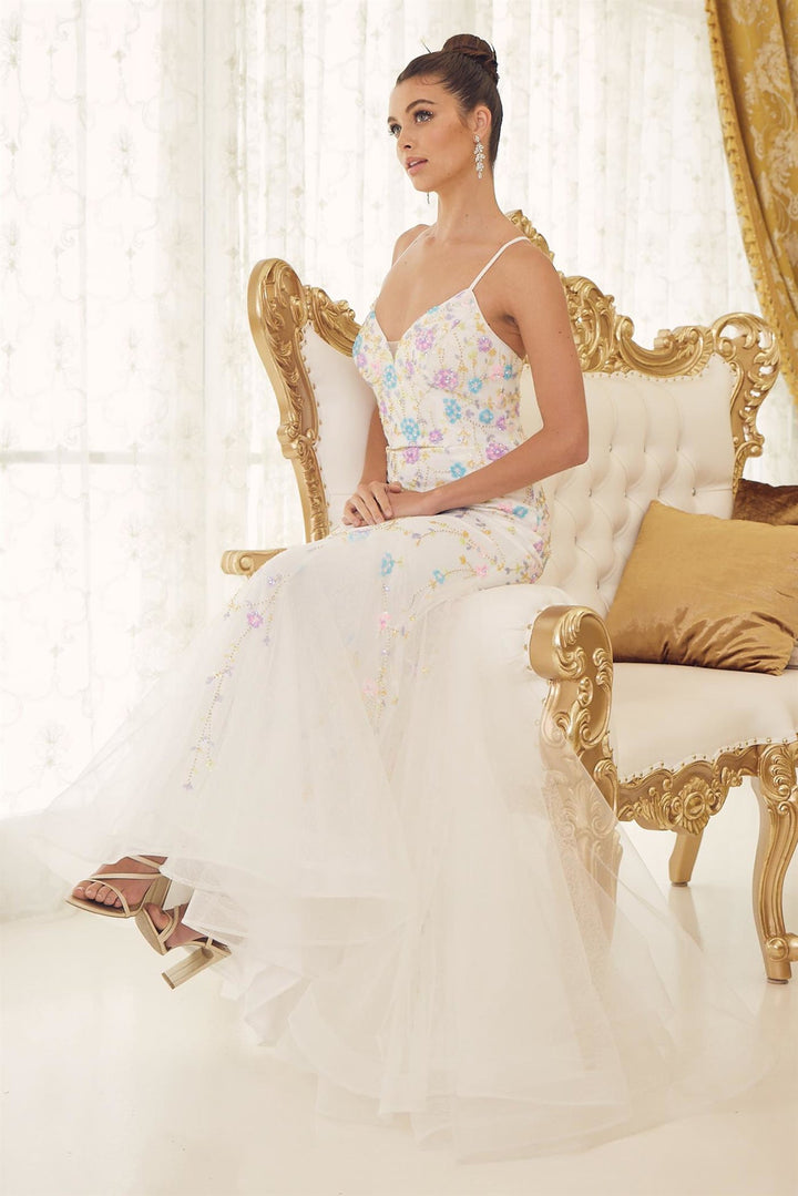 Mermaid Open Criss Cross Back Embroidered Flower Lace Long Prom Dress NXC1117-1