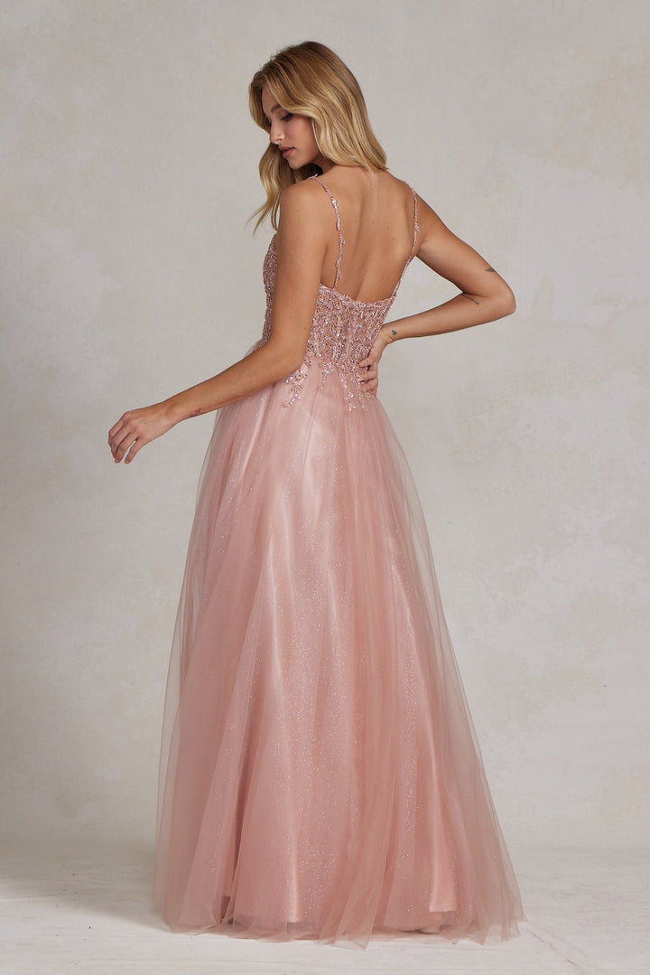 Embroidered Beads Tulle Skirt Open Back Long Prom Dress NXF1086-1