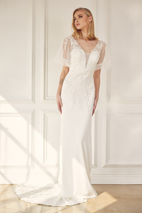 Embroidered Lace Sheer Back Tail Long Wedding Dress NXJE927-0