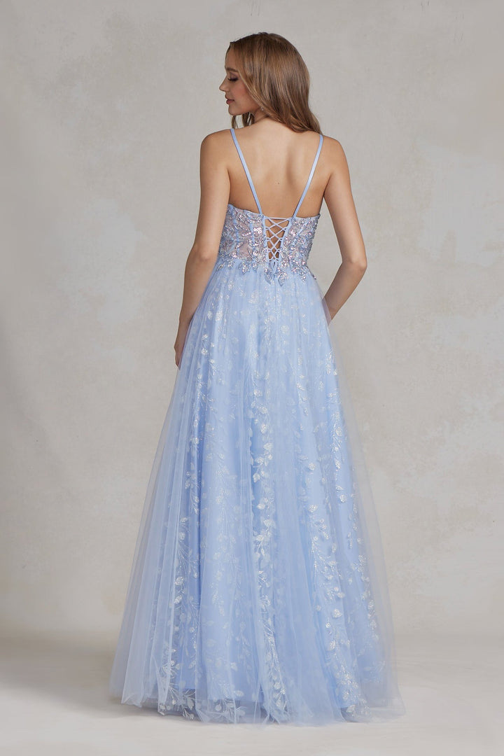 Embroidered Applique Open Corset Back Spaghetti Straps Long Prom Dress NXT1084-1