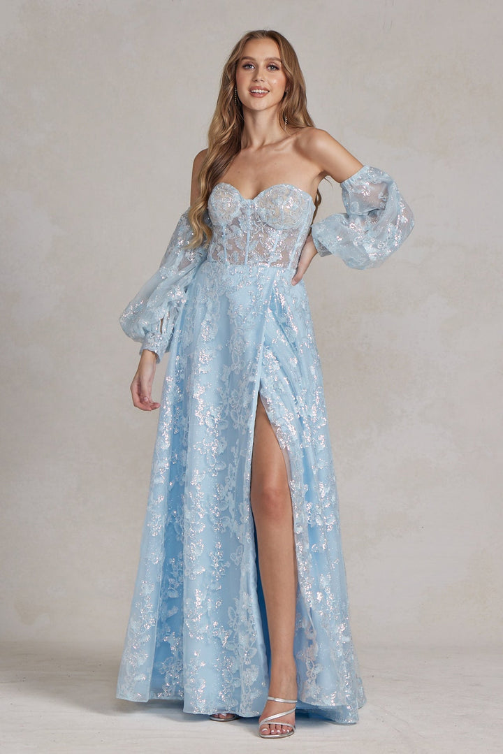 Off Shoulder Sweetheart Sheer Bodice Side Slit Open Back Long Prom Dress NXK1155-1